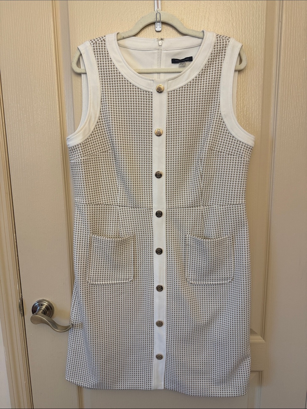 Tommy Hilfiger White Sleeveless Mesh Button-Front Shift Dress